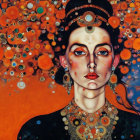 Stylized image of woman with orange and black makeup and peacock motifs