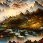 Tranquil landscape painting: misty mountains, vibrant flora, waterfalls, serene lake