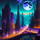 Futuristic neon-lit cityscape with skyscrapers, bridge, moon, and space imagery