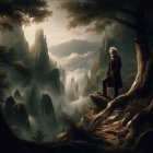 Person in long coat gazes at dramatic forested landscape