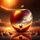 Surreal apple with sprout and sunset landscape cutout on glossy surface