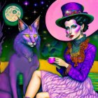 Stylized woman in purple makeup with pink hat sips tea beside large purple cat under starry