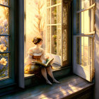 Vintage-dressed woman reading by sunlit window with blue flowers and forest view