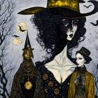 Stylized illustration of three witches in ornate attire under a moonlit sky