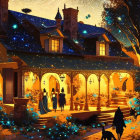 Elegant people in festive attire at warmly lit house with twinkling lights