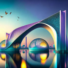 Futuristic cityscape with arching structures and domes at twilight