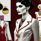 Vintage-inspired fashion illustration with stylish woman and luxurious gold accessories and chic fashion items in gold and maroon