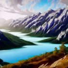 Colorful digital artwork: Mountain landscape, blue lake, autumn forests, birds in flight