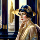 Vintage 1920s aesthetic: Elegant woman in window cityscape.