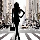 Stylized painting of woman in silhouette on vibrant city street