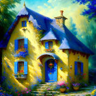 Charming Cottage with Blue Door and Flower Adornments