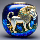 Vivid Blue Decorative Vase with Golden Lion and Blue Flowers