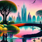 Surreal autumn landscape with futuristic buildings, bridge, and birds