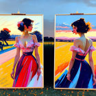 Vibrant paintings of stylish woman in flowing dress walking through field at sunset