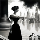 Woman in Black Dress Overlooking Monochromatic Cityscape