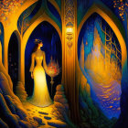 Elegant Woman in Dress Between Archways Under Starry Sky