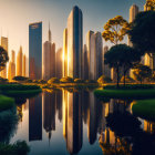 Modern skyline sunrise with skyscrapers reflected in water amid greenery