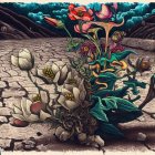 Surreal nature and fantasy illustration with woman, tree, flowers, castle, and celestial elements