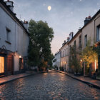 Quaint cobblestone street at night with church spire and crescent moon