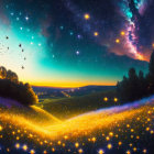 Vibrant fantasy landscape: starry sky, sunset horizon, glittering fields, silhouet