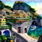 Vibrant digital artwork of coastal town with terraced buildings, promenade, tunnels, and hill