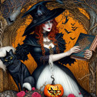 Witch, spellbook, black cat, pumpkin in spooky Halloween scene