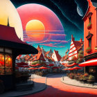 Colorful sunset street scene with oversized celestial bodies and cozy café corner