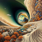 Surreal landscape with swirling patterns and circular night sky portal