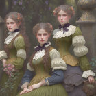 Victorian women with floral hairstyles in serene forest scene