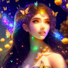 Woman with shimmering hair and glowing butterflies in colorful, starry setting