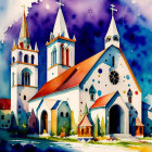 Whimsical church watercolor illustration with vibrant background