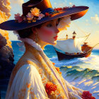 Colorful illustration: lady in floral hat admires ship at sea against coastal town at sunset