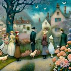 Vintage-style illustration of elegantly dressed figures in quaint village scene with abundant florals and whimsical birds