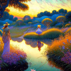 Two Hat-Wearing Figures by Reflective River at Colorful Sunset