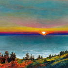 Scenic ocean sunset with silhouetted mountains and autumn trees