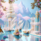 Fantasy landscape with sailboat buildings, cherry blossoms, pink mountains, blue sky