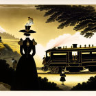 Silhouette of elegantly dressed person watching train in vintage-style illustration