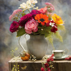 Colorful Flower Bouquet in Classic Jug on Rustic Table with Pumpkin and Teacup