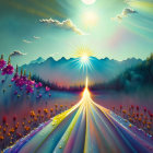 Colorful Flower Landscape with Sunlit Mountains