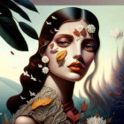 Illustration of woman's face with autumn leaves, flowers, butterfly, and surreal sunset.