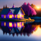 Purple-Illuminated House Reflecting on Calm Lake at Sunset