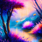 Fantasy landscape digital painting with pink and purple foliage