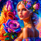 Colorful woman surrounded by roses in cosmic setting with floral jewelry