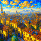 Surreal painting of old European town with golden buildings