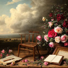 Classic Still Life Painting with Roses, Book, Copper Pots, and Palette