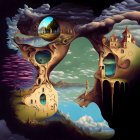 Surreal landscape with floating islands and whimsical castles