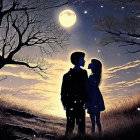 Silhouette of couple under night sky with full moon and stars amid trees and hills