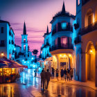 Colorful dusk street scene with people, illuminated buildings, clock tower, festive vibe