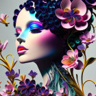 Colorful digital art featuring woman with floral and butterfly motifs