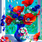 Colorful digital artwork: Blue vase, red poppies, and blue flowers on windowsill